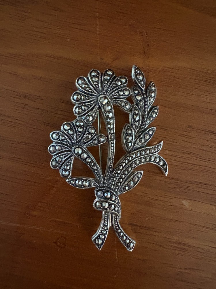 Vintage West Germany aluminum marcasite style riveted floral spray brooch pin