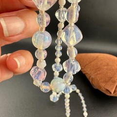 Vintage Opalite Glass Bead Necklace 31″ Faceted Round Hook Clasp Adjustable