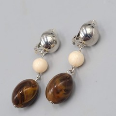 Vintage Cream & Brown Bead Clip on Earrings Silver tone Dangle 1.75 in