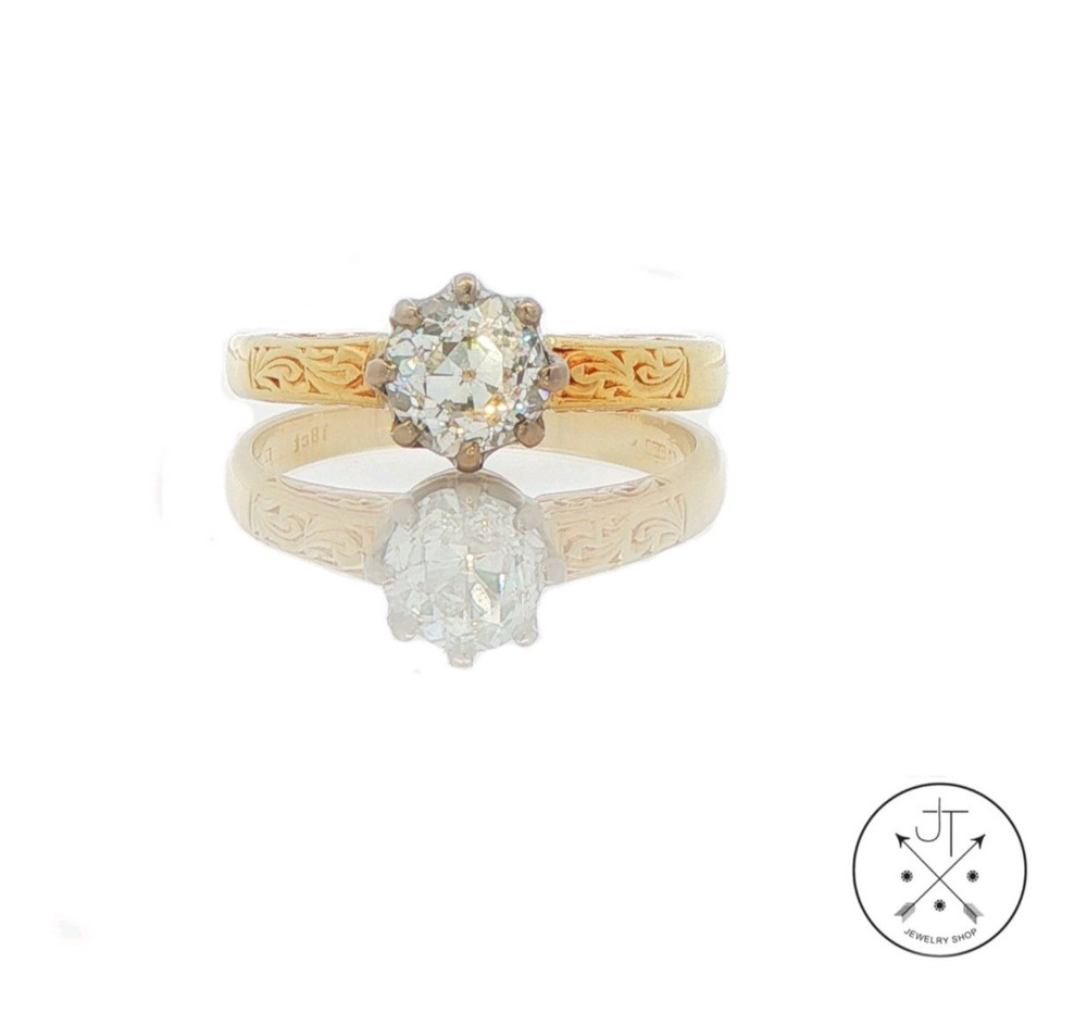 Antique 18k Yellow Gold Solitaire Ring with .80 ct Old Mine Cut Natural Diamond