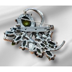 Vintage Style Lime Green Floral Brooch Silver Tone Rhinestone Botanical Pin