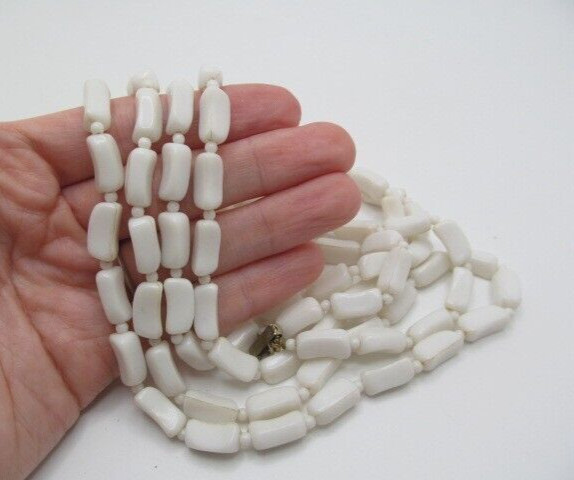 Vintage Hong Kong Opera Length Long White Barrel & Ball Bead Necklace 56 in