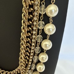 Faux Pearl Rhinestone Flower Multi Strand Gold Tone Necklace Costume Statement