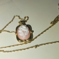 Crown Trifari Necklace Stamp Floral Cameo Pendant Gold Toned Vintage 1950 1970s