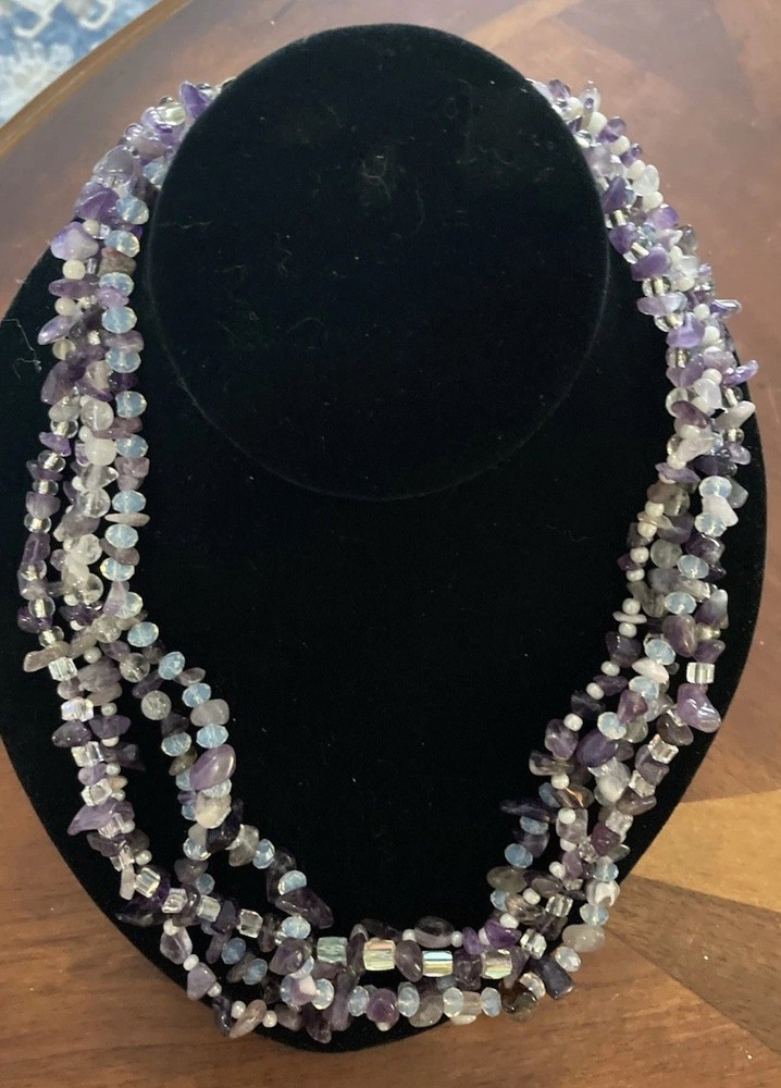 Vintage 4 Strand Stunning Opalite & Amethyst& Glass Beaded Necklace Gorgeous 20”