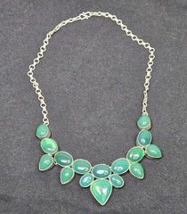 80.5g Sterling Silver 925 Green Chalcedony Statement Necklace Pear Oval Cobochon