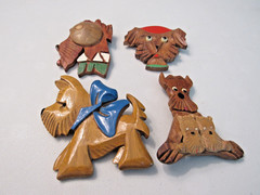 LOT OF 4 VINTAGE CARVED PAINTED WOODEN DOG BROOCH PINS SCOTTIE + OTHER DOGS