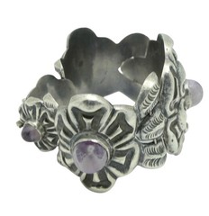 1930’s Wide Mexico City Amethyst Repoussé Sterling Silver Floral Bracelet