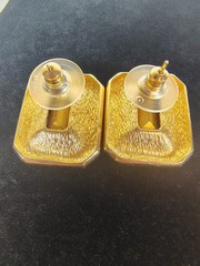 Vtg Emerald Cut Statement Earrings Aqua Blue Gold Tone