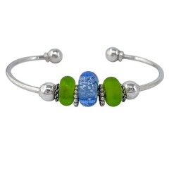 Vintage Sterling Silver 925 | Green Blue Glass Ball Tip Cuff Bracelet | 7″