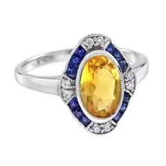 Art Deco Style Lab Created Diamond & Citrine Engagement 14K White Gold FN Ring