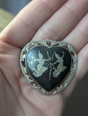 Vintage Siam Sterling Heart Black Niello Brooch Pin Lightning Goddess Love Art
