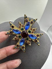 Amazing Vintage Byzantine Mogul Maltese Cross Pin Glass Emerald Ruby 2.5”