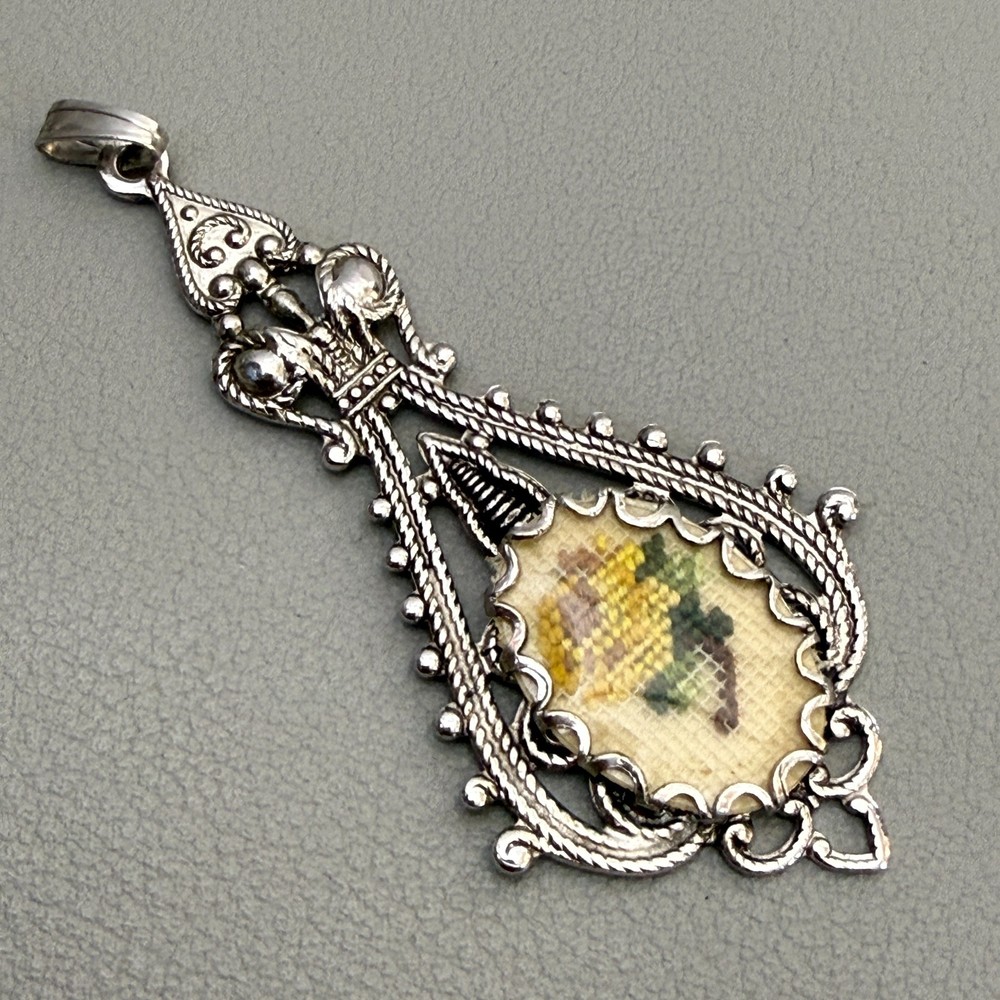 Vintage Victorian Handmade Floral Needlepoint Pendant Silver Tone Teardrop Charm