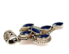 Vintage Style 925 Silver Pendant Blue Marquise Stones Ornate Filigree Design 2″
