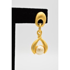 Vintage Dangle Pearl Drop Earrings Brushed Gold Matte Door Knockers 1980s BinAR