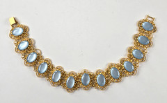 Moonglow Blue Lucite Gold Link Collar, Vintage Filigree Choker Necklace