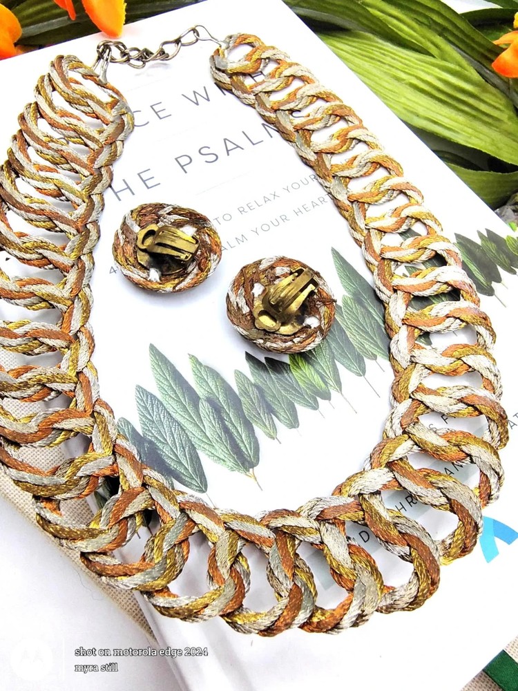 Vintage Trifari Style Tri-Tone Woven Necklace and Earrings Set 1970s–1980s