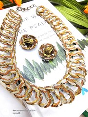 Vintage Trifari Style Tri-Tone Woven Necklace and Earrings Set 1970s–1980s