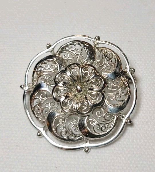 Vintage Sterling 925 German Filigree Flower Brooch 1.25 Inch 4.81gr