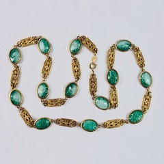 Vintage Accessocraft NYC Gold Tone Green Slag Glass Link Necklace 30” Pat Pend
