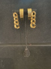 MONET EARRINGS Lot Of 2 Gold Tone PIERCED Double Link Drop + Ribbed Half Loop