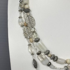 Layered Beaded Necklace Acrylic Glass White Silver Multi Strand Collar Boho 19″