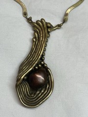 Nancy Aries Brutalist Necklace Copper And Brass 20″ Round Pendant 6″ Drop