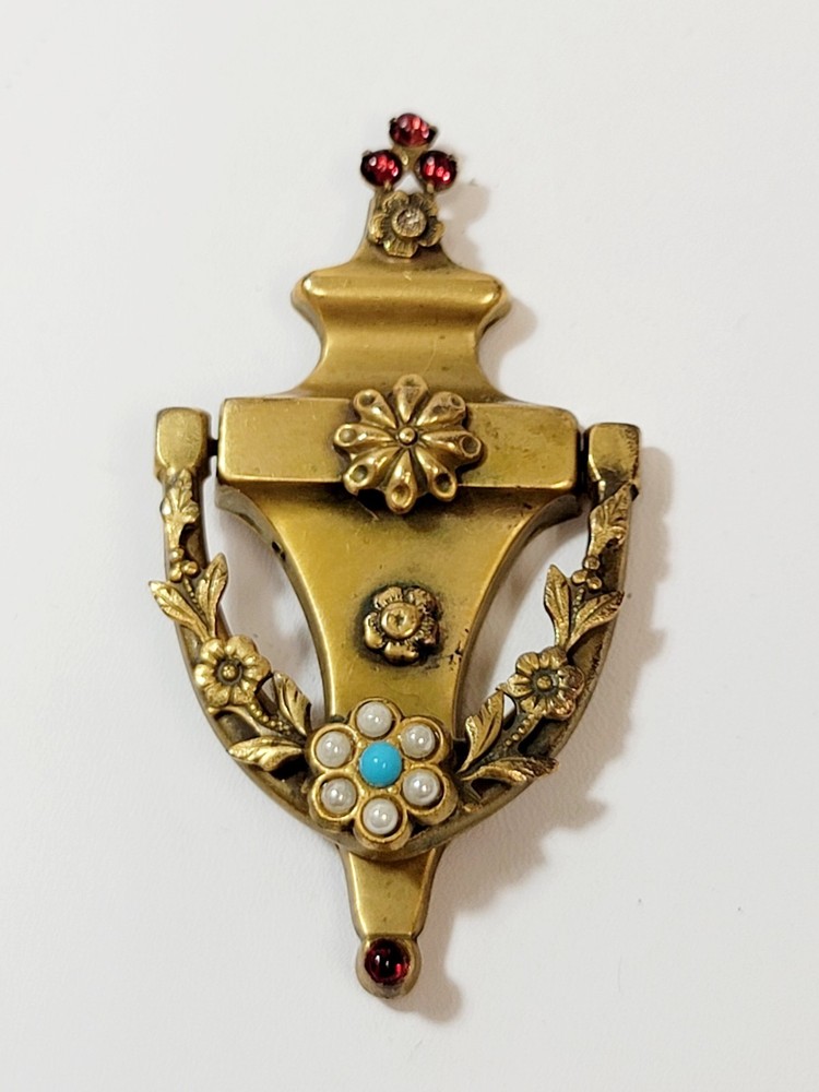 Vintage 1940’s CORO Door Knocker Red Rhinestone Faux Pearl Flowers Brooch
