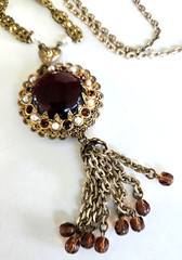 Vintage W Germany Amber Glass Faux Pearl Gold Tone Tassel Pendant Necklace 25″
