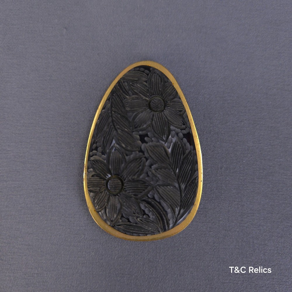 Vintage Carved Bakelite Black Floral Scarf Clip Gold Tone Frame Hinged Retro