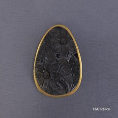 Vintage Carved Bakelite Black Floral Scarf Clip Gold Tone Frame Hinged Retro
