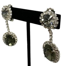 Vintage Rhinestone Drop Earrings Faceted Smoky Gray Crystal Silver Tone Glam