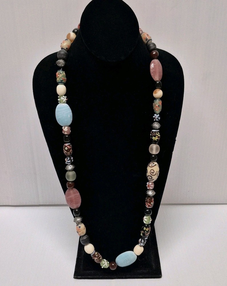 Single Strand Art Glass Multicolor Chunky Statement Long Necklace Maximalist Vtg