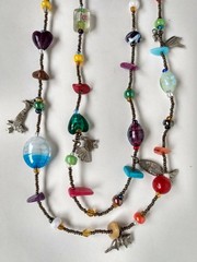 Handcrafted Boho Fun Chunky Glass Beads Charms Long Necklace New NWOT 34″ Fish