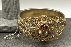 Vintage Gold Tone Filigree Bangle Bracelet Pearl Accents Rose Motif Hinged