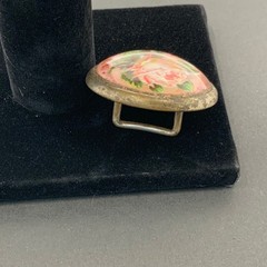 Antique Victorian Rose Glass Cabochon Scarf Slide Sash Pin Pink Floral Brass Ton