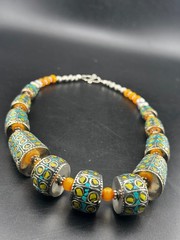 Beautiful Turquoise, Amber Howlite Tibetan Nepal Tube Vintage Handmade Necklace