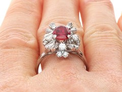 2.13Ct Thai Ruby and 1.56Ct Diamond 18k White Gold Cluster Ring Circa 1970