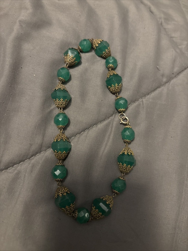 Emerald green antique glass choker filigree metal spacers