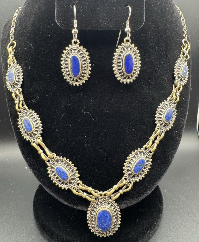 Vintage Lapis Lazuli Afghan Tribal Boho Brass Pendant Necklace & Earring Set