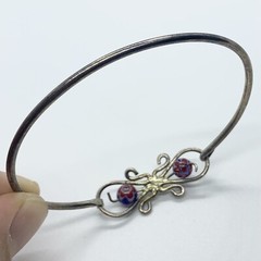 VTG MILLEFIORI RED BLUE SILVER BANGLE BRACELET TENSION HOOK CLASP FLORAL