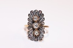 Antique Circa 1900s 18k Gold Natural Diamond Decorated Navette Ring