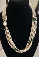 Vintage 4 Layered Ivory Pearl Green Glass Crystal Pave Clasp Beaded 24” Necklace