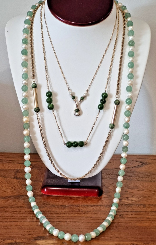 Vintage Gold Fill Real Nephrite Jadeite Cultured Pearl 4 Necklace Lot video USA