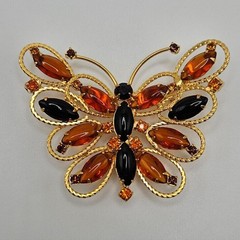 VINTAGE Black and Amber Glass Rhinestone Large Butterfly Brooch Pin Pendant