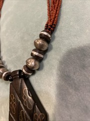 Vintage Handmade Statement Tribal Necklace with Wood, Metal & Red Beads 18”