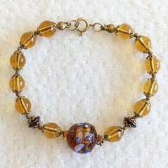 Vintage Brown Yellow Italian Wedding Cake Lampwork Knotted Glass Beaded Bracelet