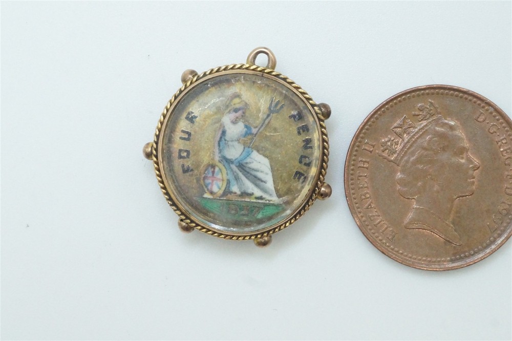 ANTIQUE ENGLISH 9K GOLD ENAMELLED VICTORIA GROAT 4d COIN FOB CHARM c1837