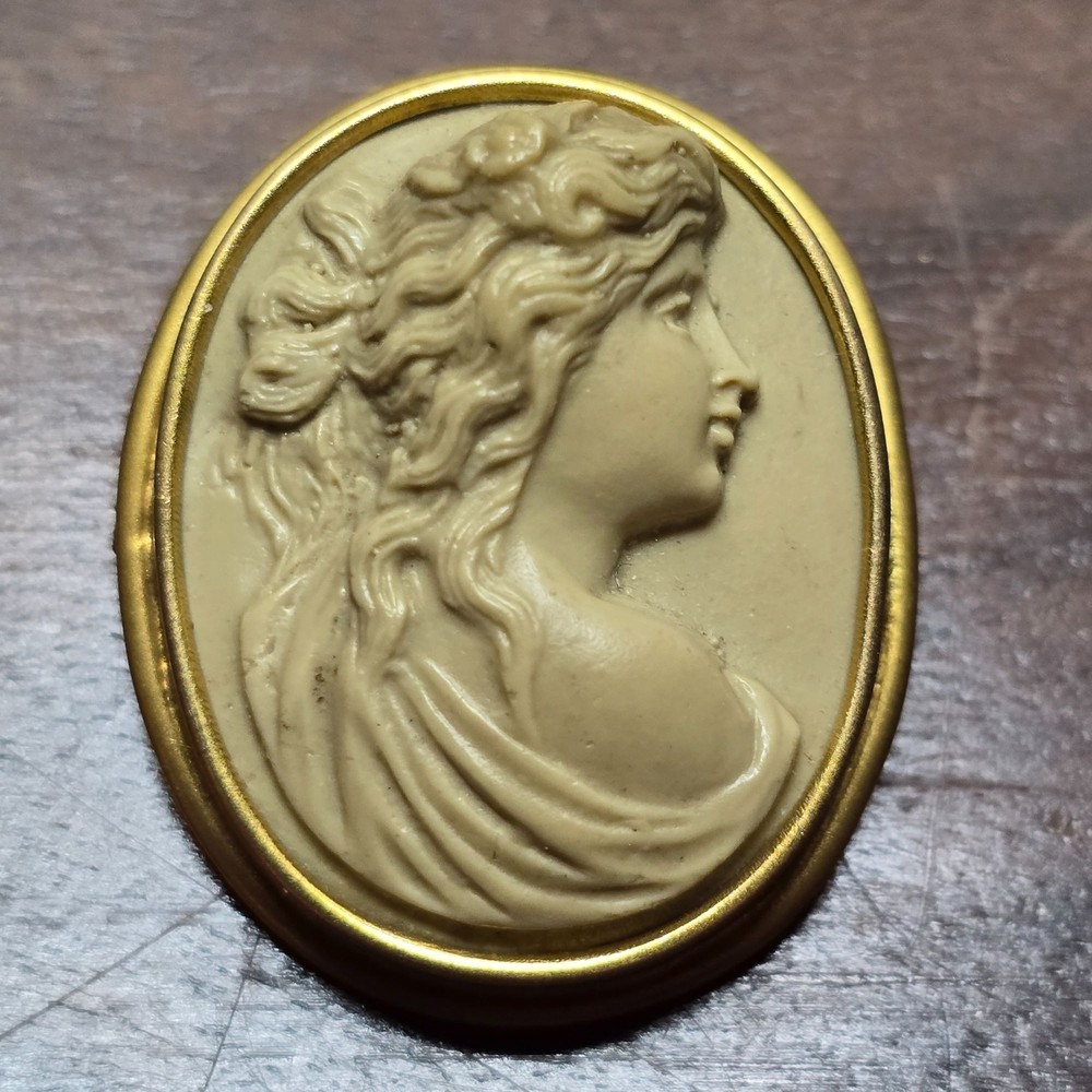Cameo Brooch Pin 10kt Gold Inset Hand Carved Lava Stone Antique OOAK Design
